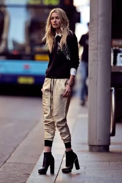 Black Sweater with White Collar Shirt & Metallic Jogger Pants