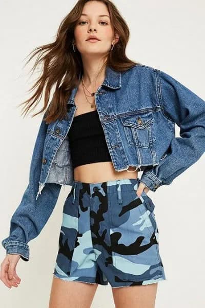 Grey Camo Shorts with Blue Denim Jacket & Tube Top