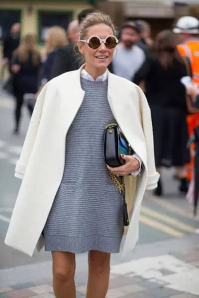 Black and White Striped Shift Dress with Wool Coat