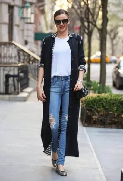 Long Black Cardigan with White Striped Collar