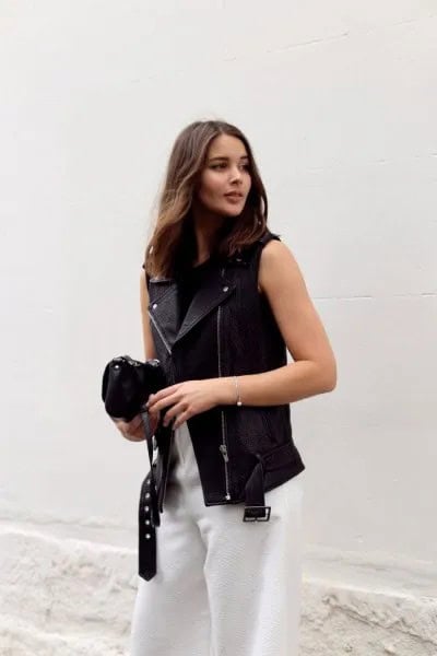 Leather Vest with White Wide Leg Cropped Pants