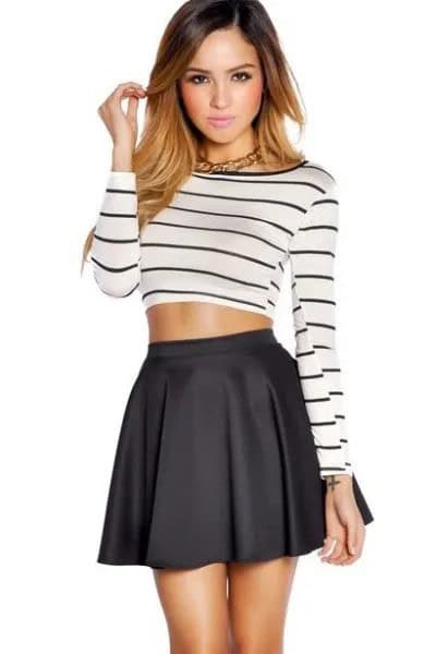 Black and White Striped Long Sleeve Cropped Tee with High Waisted Mini Skater Skirt