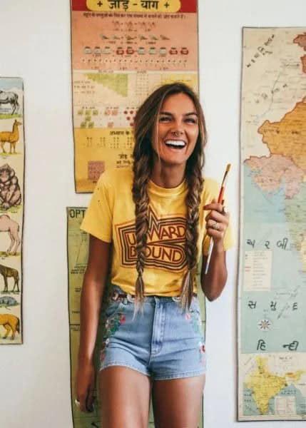 Yellow Retro Tee with Blue High Waisted Denim Shorts