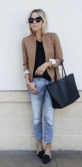 Camel Blazer with Black V Neck T Shirt & Boyfriend Jeans