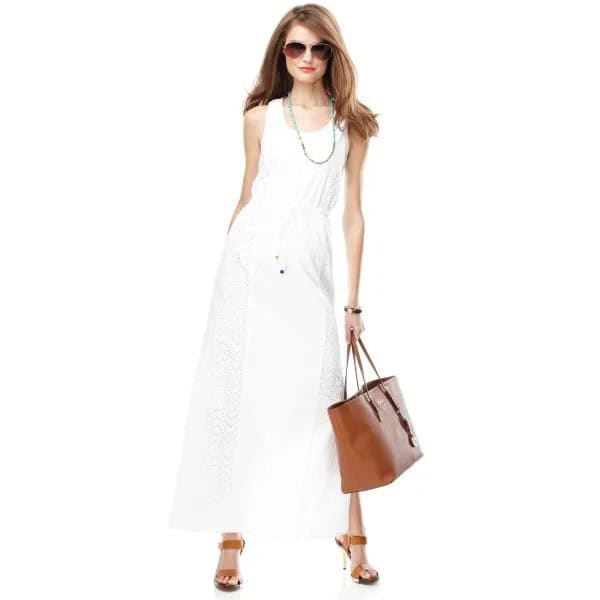 White Gathered Waist Crochet Maxi Dress