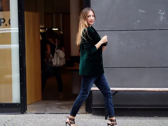 Black Wool Blazer with Navy Blue Velvet Pants