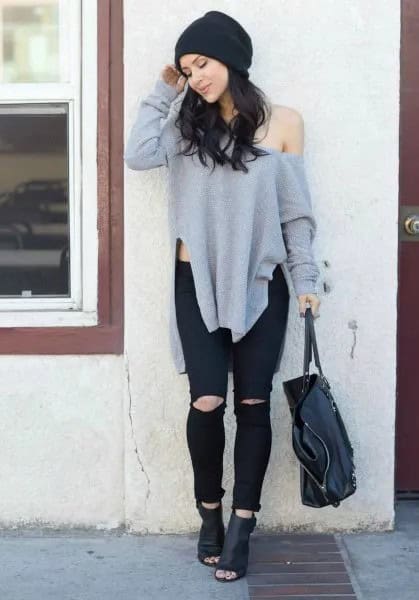 Grey One Shoulder Tunic Side Slit Sweater with Ripped Jeans