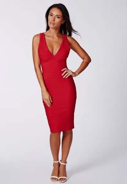 Red V Neck Dress with White Ankle Strap Open Toe Heels