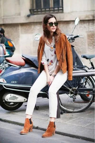 Wear with Embroidered White Shirt & Brown Suede Ankle Boots