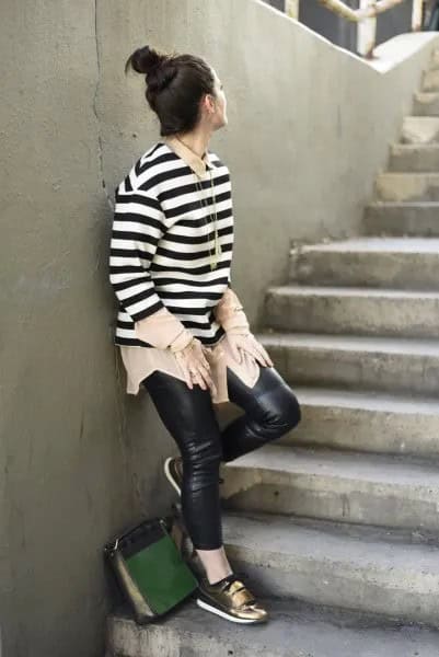 Black and White Stripe Long Sleeve Sweater with Leather Pants & Bronze Metallic Sneakers