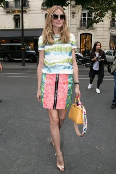 White, Orange and Grey Striped Tee with Mini Printed Skirt