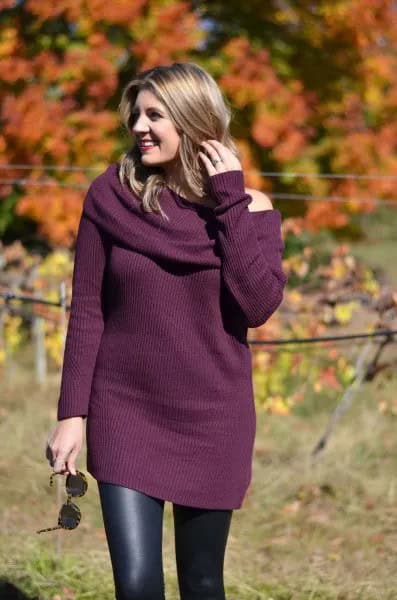 Burgundy One Shoulder Tunic Sweater with Leather Pants