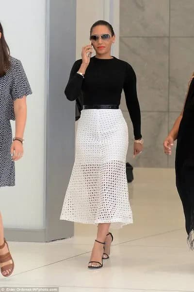 Black Fitted Knit Sweater with White Maxi Mesh Skirt