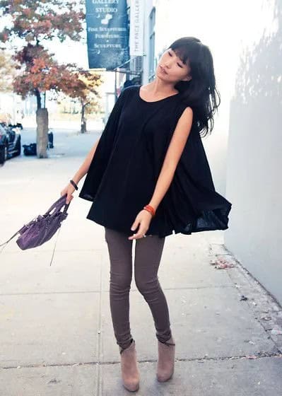 Black Chiffon Tunic Blouse with Grey Skinny Jeans & Short Zipper Suede Boots