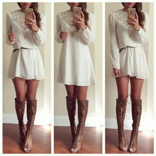 White Lace Belted Mini Shift Dress with Grey Leather Open Toe Boots