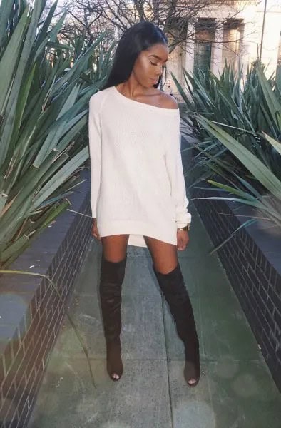 White One Shoulder Sweater Dress with Grey Open Toe Knee High Boots