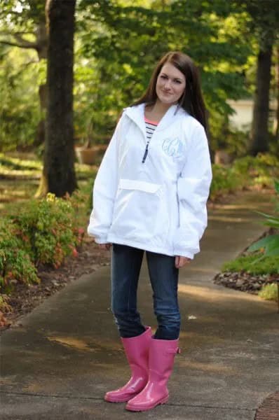 White Oversized Jacket with Dark Skinny Jeans & Pink Rain Boots