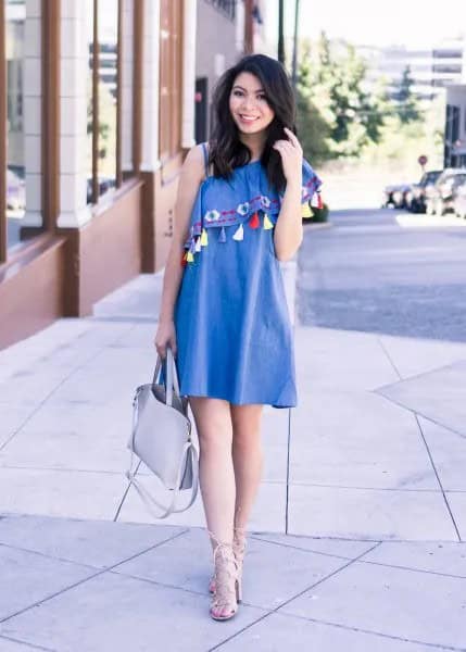 Blue One Shoulder Dress with Colorful Tassels