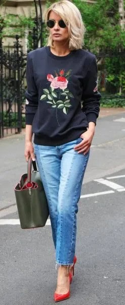 Black Rose Embroidered Sweatshirt with Blue Jeans