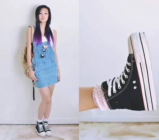 White Tank Top with Overall Dress & High Top Converse