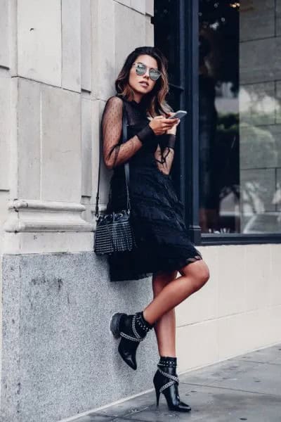 Black Semi-Sheer Mini Swing Dress with Leather Studded Short Boots