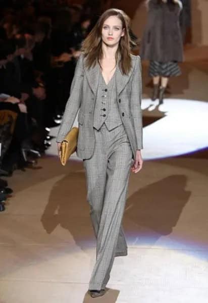 Grey Plaid Suit with Wide leg Pants & Brown Leather Clutch Bag