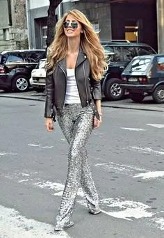 Black Leather Jacket with Silver Straight Leg Glitter Pants