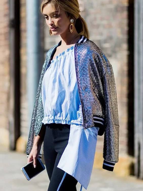 Sequin Bomber Jacket with Blue Over-The-One Shoulder Top