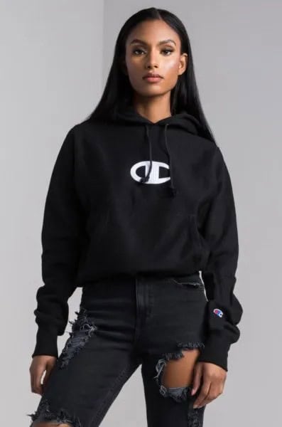 Black Logo Embroidered Hoodie with Ripped Jeans