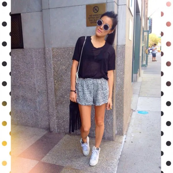 Black T Shirt with Heather Grey Jogging Shorts & White Sneakers