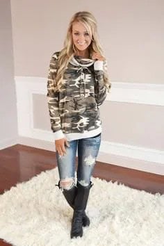 Camo Cowl Neck Hoodie with Ripped Jeans & Black Leather Knee High Boots