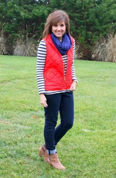 Quilted Vest with Blue Scarf & Brown Leather Ankle Heels