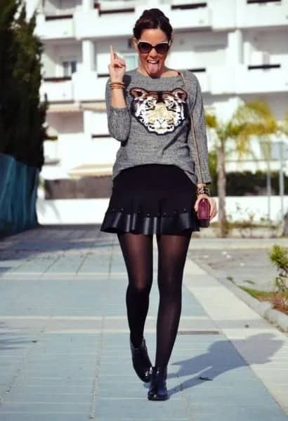 Grey Graphic Sweater with Black Mini Flared Skirt & Short Boots