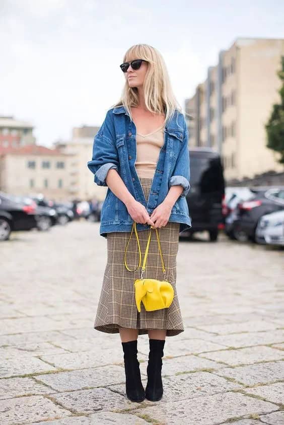 Denim Jacket and Yellow Plaid Skirt