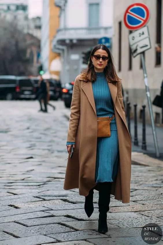 Blue Knit and Camel Trench Coat