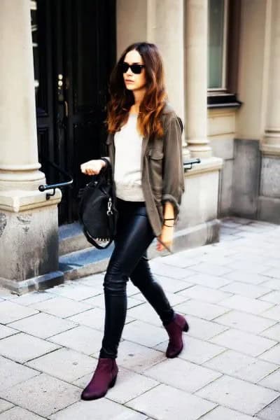 Blazer with Light Grey Sweater & Leather Pants