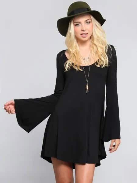 Black Bell Sleeve Swing Dress with Floppy Hat