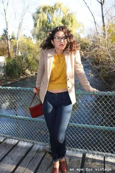 Ivory Blazer with Yellow Sweater & Dark Blue Skinny Jeans