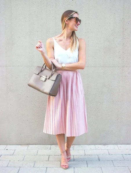 White V Neck Tank Top with Pink Silk Pleated Midi Skirt