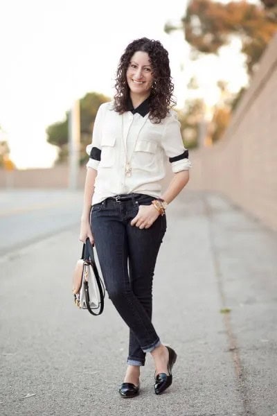 White Button Up Shirt with Black Collar & Dark Cuffed Skinny Jeans