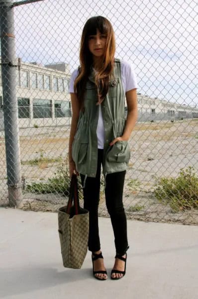 White Tee with Long Military Vest & Black Sandals