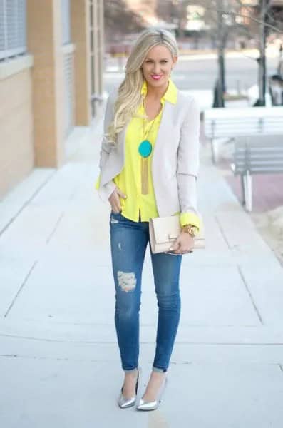 Yellow Button Up Shirt with Light Grey Blazer & Skinny Jeans