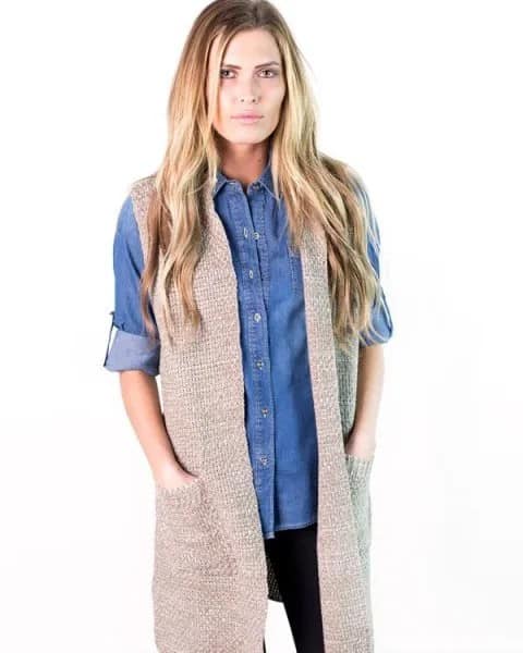 Blue Chambray Boyfriend Shirt with Grey Sweater Vest