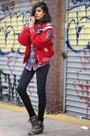 Red Jacket with Navy Blue Plaid Boyfriend Shirt