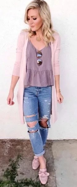 Ruffle Hem V Neck Top with White Cardigan & Boyfriend Jeans