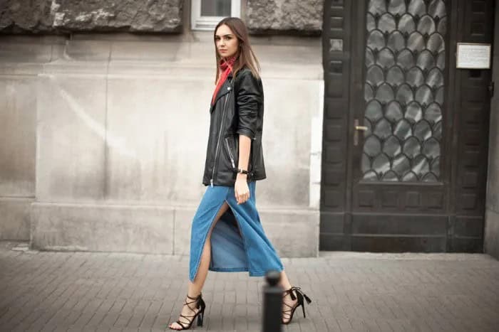 Black Oversized Leather Jacket with Blue High Slit Midi Denim Skirt