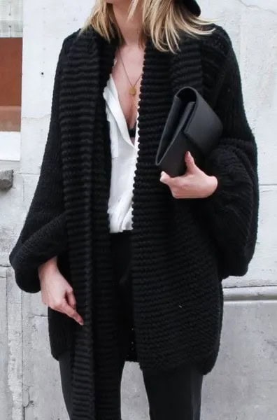 Black Chunky Knit Cardigan with White Blouse & Leather Clutch Bag