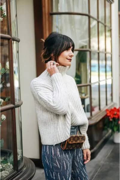 White Turtleneck Ribbed Sweater with Navy Printed Silk Pants