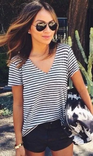 Wear with Black and White Striped V Neck T Shirt