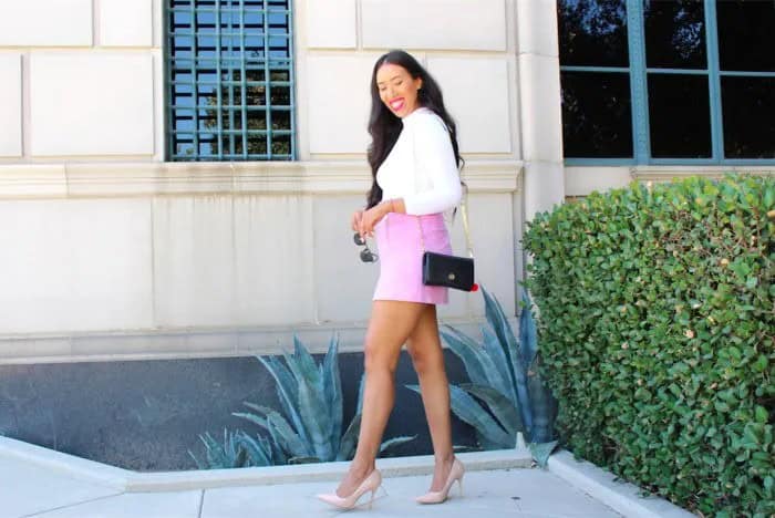 White Mock Neck Form Fitting Sweater with Sky Blue Suede Skirt